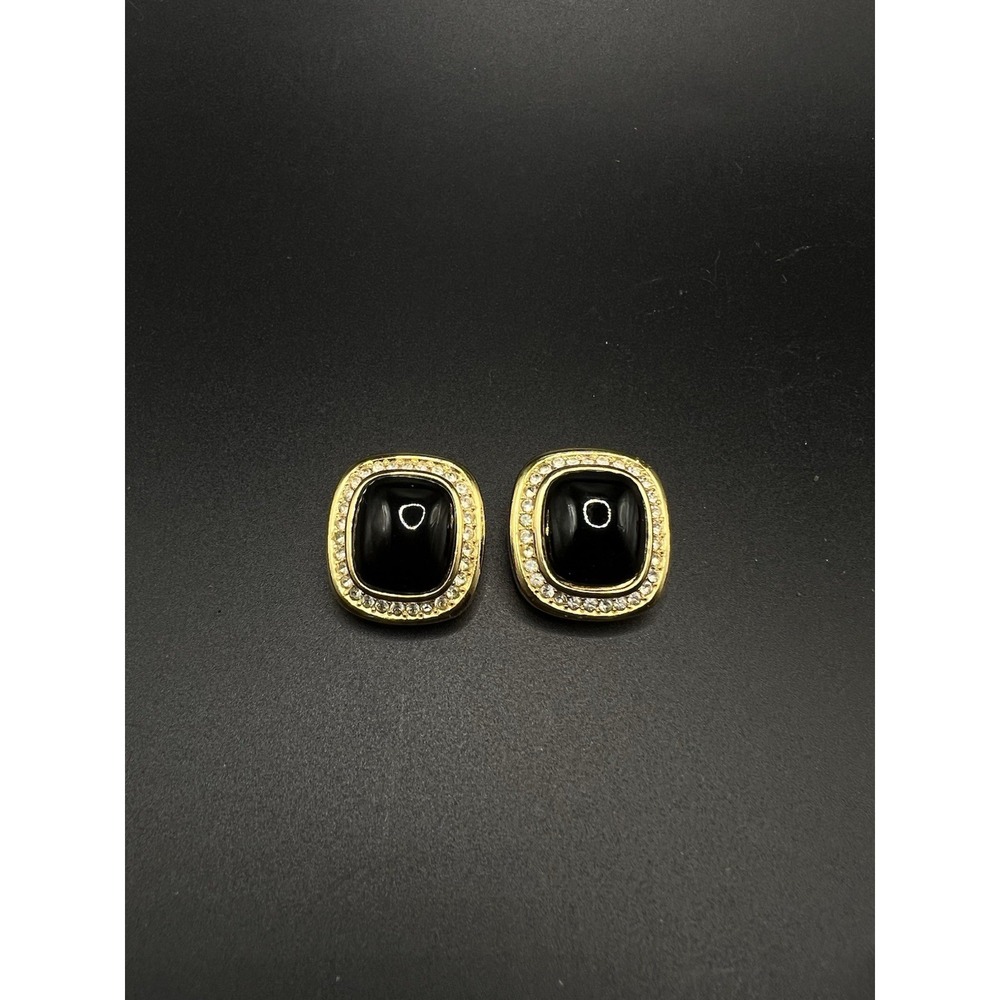 CHRISTIAN DIOR CLASSIC Black Enamel And Rhinestone Designer Earrings Vintage